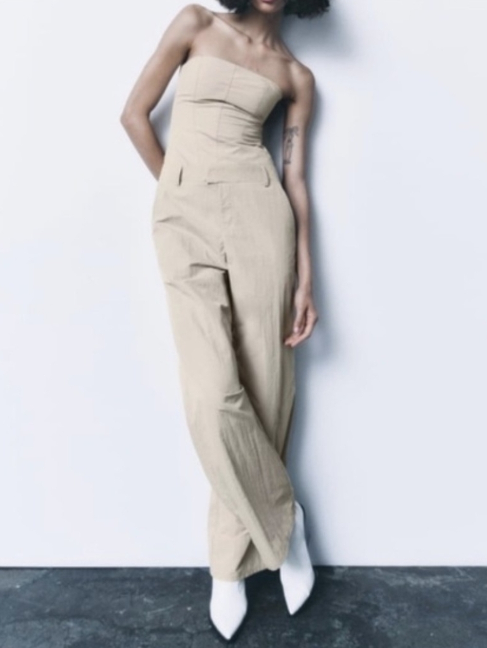 Zara Strapless Wide-Leg Jumpsuit in Light Beige